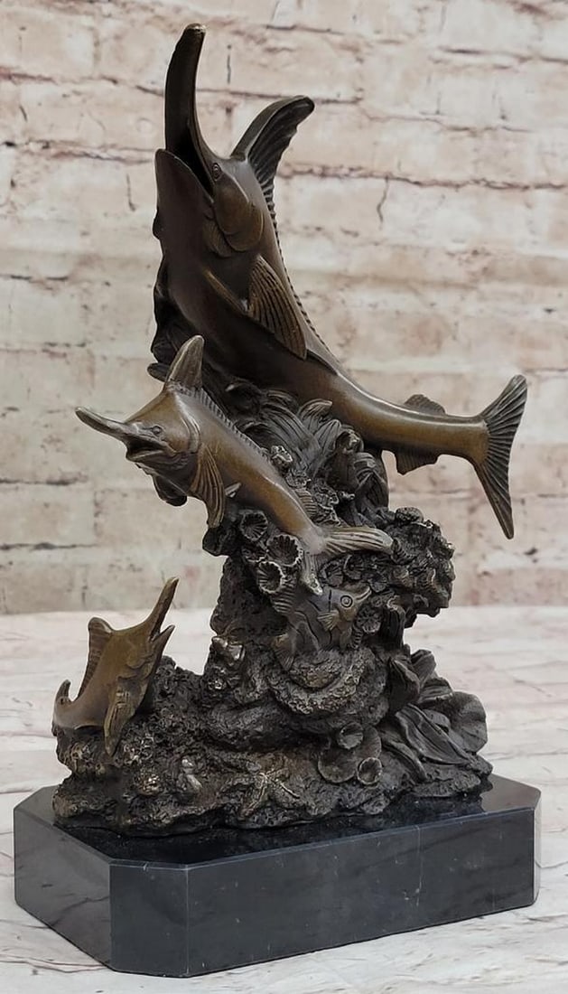 M. Lopez's Original Bronze Blue Marlin Sculpture with Marble Base - 10'' x 8'': M. Lopez's Original Bronze Blue Marlin Sculpture with Marble Base - 10" x 8" This exquisite miniature bronze sculpture, created by M. Lopez, captures the dynamic beauty of a blue marlin leaping 