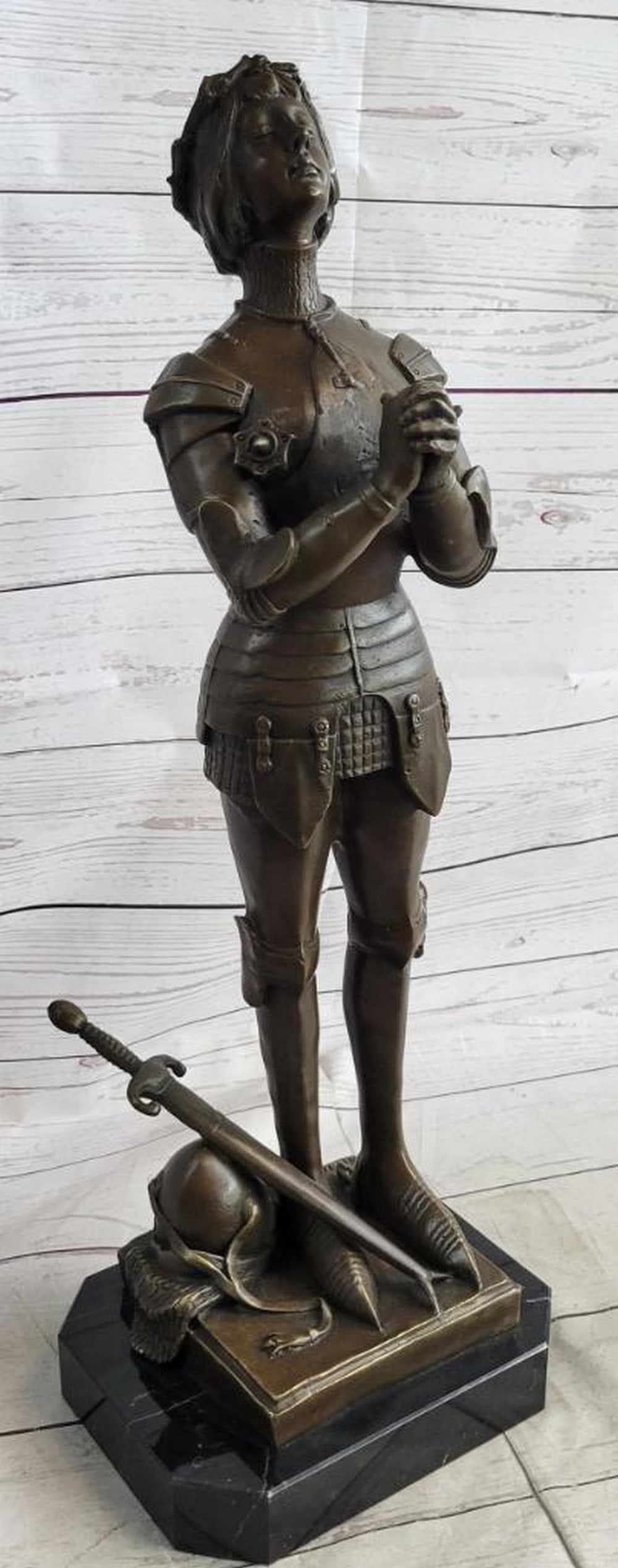 Praying Joan of Arc Inspired Bronze Statue - 22'' x 8'': Praying Joan of Arc Inspired Bronze Statue - 22" x 8" his magnificent bronze sculpture, created by renowned French master Marius-Jean-Antoine Mercie, pays tribute to the legendary Joan of Arc wi