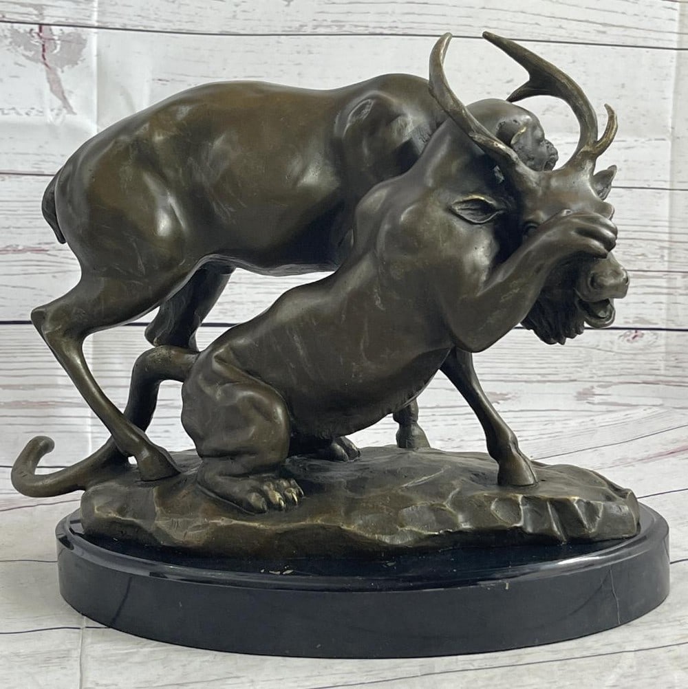 PJ Mene Inspired Jaguar Hunting Deer Bronze Sculpture On Marble Base - 11'' x 13'': PJ Mene Inspired Jaguar Hunting Deer Bronze Sculpture On Marble Base - 11" x 13" They lurk in the shadows. Their eyes see all. Their movements are lethally stealth. You won` t know you` re