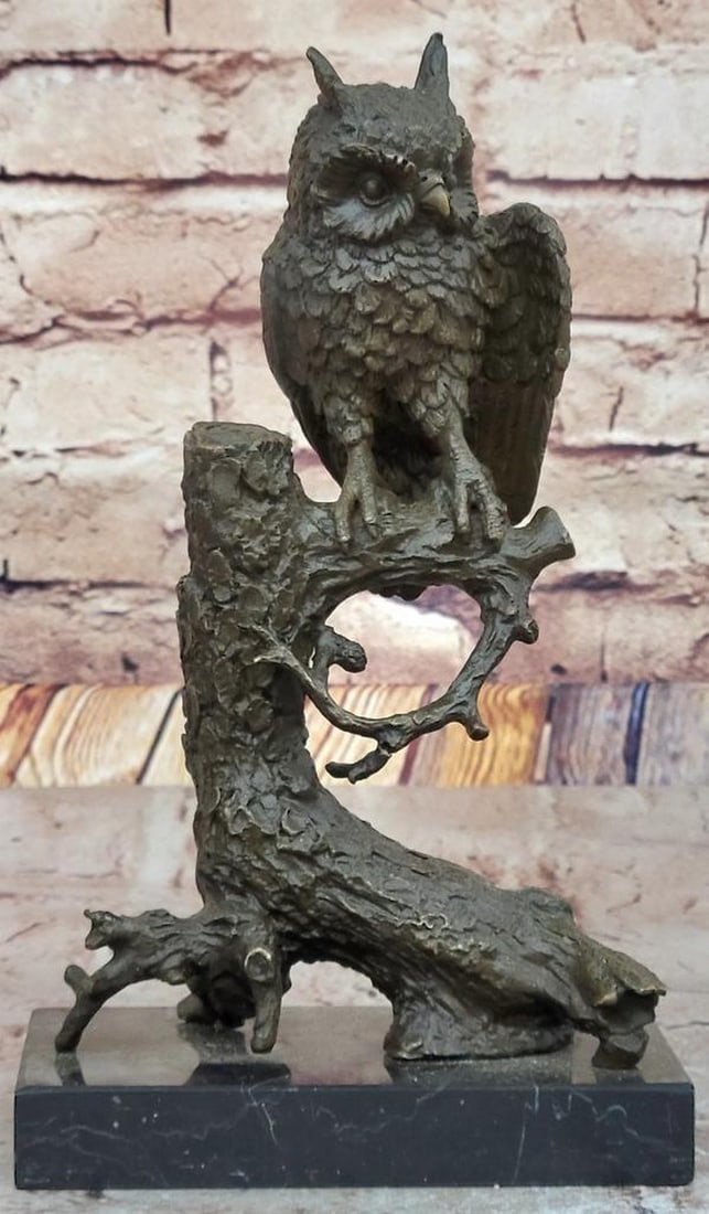 Perched Cautious Owl Original Bronze Statue - 12'' x 10'': Perched Cautious Owl Original Bronze Statue - 12" x 10" This vintage bronze horned owl statue by Italian artist Mario Nick is a striking tribute to wisdom and intuition. Crafted in the 1980s usi