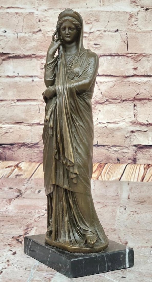 Robe Draped Women Original Bronze Statue - 9.5'' x 3.5'': Robe Draped Women Original Bronze Statue - 9.5" x 3.5" This elegant vintage bronze statue by J. Patoue captures the timeless grace of a woman in a poised, contemplative stance. The intricate det