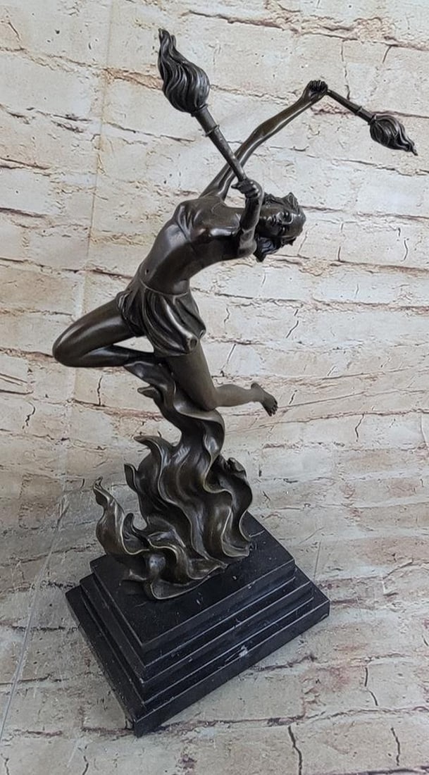 Fire Dancer With Torches Bronze Sculpture: Fire Dancer With Torches Bronze Sculpture Dynamic art deco bronze sculpture of fire dancer dancing with torchlights inspired by Mario Nick work. Beautiful, signed figure, made of exclusive material - 