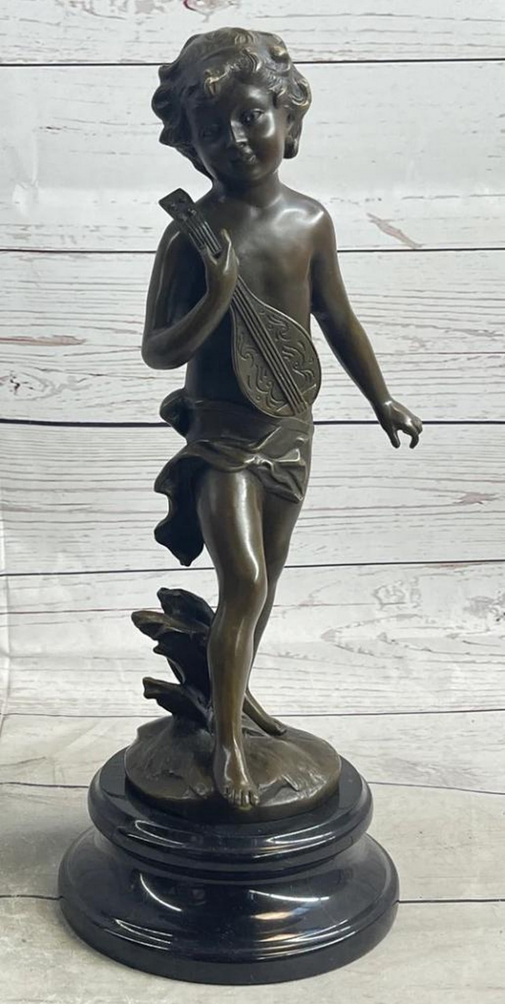 Melodic Reverie - 'Young Boy With Banjo' Inspired Bronze Sculpture by Moreau - 13.5'' x 5.5'': Melodic Reverie - Young Boy With Banjo Inspired Bronze Sculpture by Moreau - 13.5" x 5.5" Immerse yourself in the world of classic artistry with " Melodic Reverie," our exquisite bronze sc
