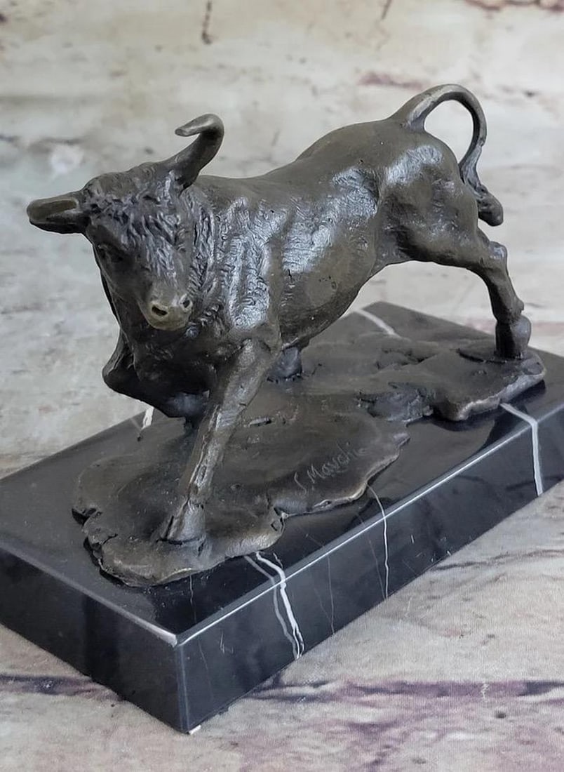 Stock Market Bull Original Bronze Sculpture Signed by Mavchi on Marble Base - 4'' x 5'': Stock Market Bull Original Bronze Sculpture Signed by Mavchi on Marble Base - 4" x 5" Immerse yourself in the dynamic energy of the stock market with " Financial Momentum," an exquisite sc