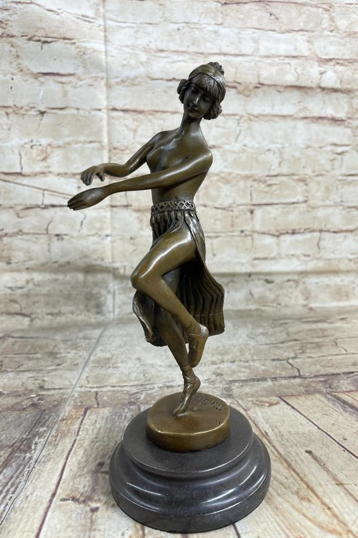 Semi Nude Female Hawaiian Dancer In Hula Skirt Bronze Sculpture - 4lbs: Feeling of motion and excitement conveyed by dancer` s Costome, gesture and facial expression. Smooth quality chasing of figure. Eichler also modeled porcelain dancers for Meissen. This 100% bronze