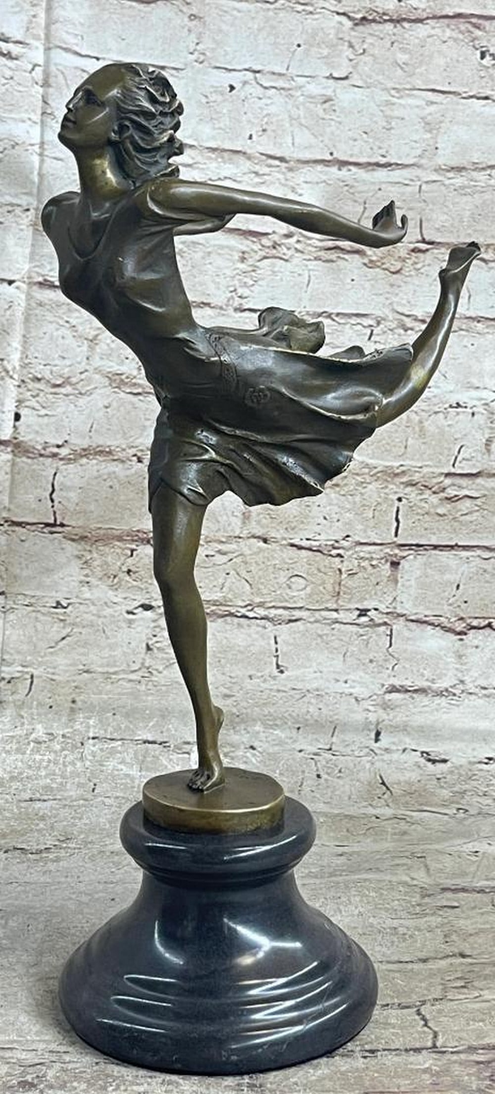 Original Female Dancer Skater Bronze Sculpture Signed By Artist - 15'' x 9.5'' (12lbs): A graceful Art Deco Bronze Dancer on Marble base, and is signed by Artist Degas. This Lady Dancer waves dress in a beautiful variation, wearing also a nice cap - an absolute worth seeing exhibit. The 