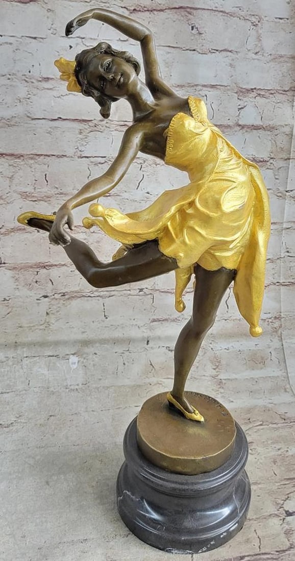 Art Deco Inspired Female Dancer Girl with Bow in Hair Accented In Gold Patina Bronze on Marble Base: The beautiful young girl bounds and leaps through a meadow as moths and butterflies rush away from her fleeting feet. The whirling world about her, is received by her heart and returned back to everyt