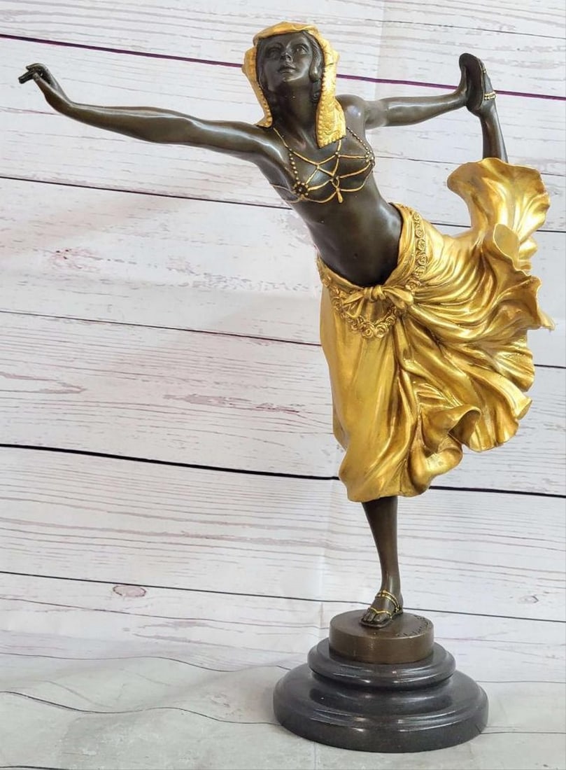 Colinet Inspired Golden Arabesque Dancer Bronze Sculpture - 17'' x 12'': Colinet Inspired Golden Arabesque Dancer Bronze Sculpture - 17" x 12" A fabulous bronze sculpture by Claire Jeanne Roberte Colinet depicting a semi- nude flexible dancer in Egyptian headdress ex