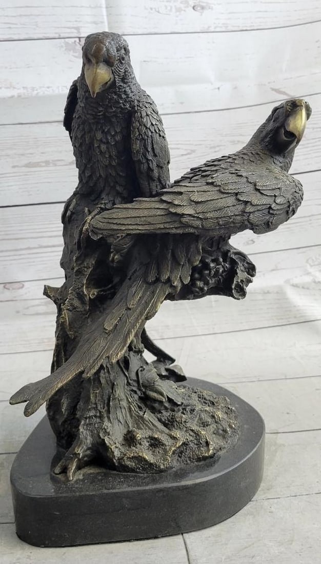 Signed Milo Original Pair of Parrots Bronze Sculpture On Marble Base - 14'' x 12'' (1 of 8)