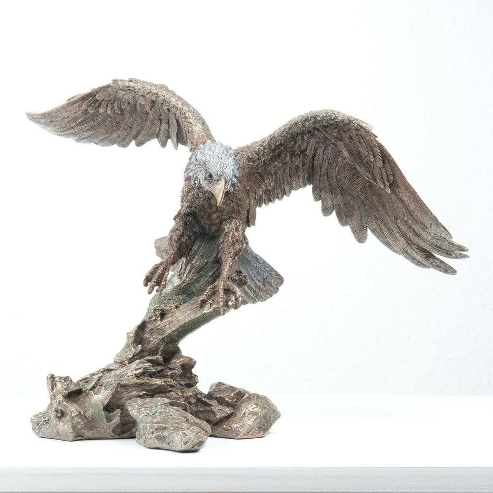 Hunting Bald Eagle Gold Cast Bronze Sculpture - 4.4lbs: Hunting Bald Eagle Gold Cast Bronze Sculpture - 4.4lbs The ''Hunting'' Eagle Statue, crafted in cold cast bronze, powerfully captures the fierce energy and precision of this majestic predator. With