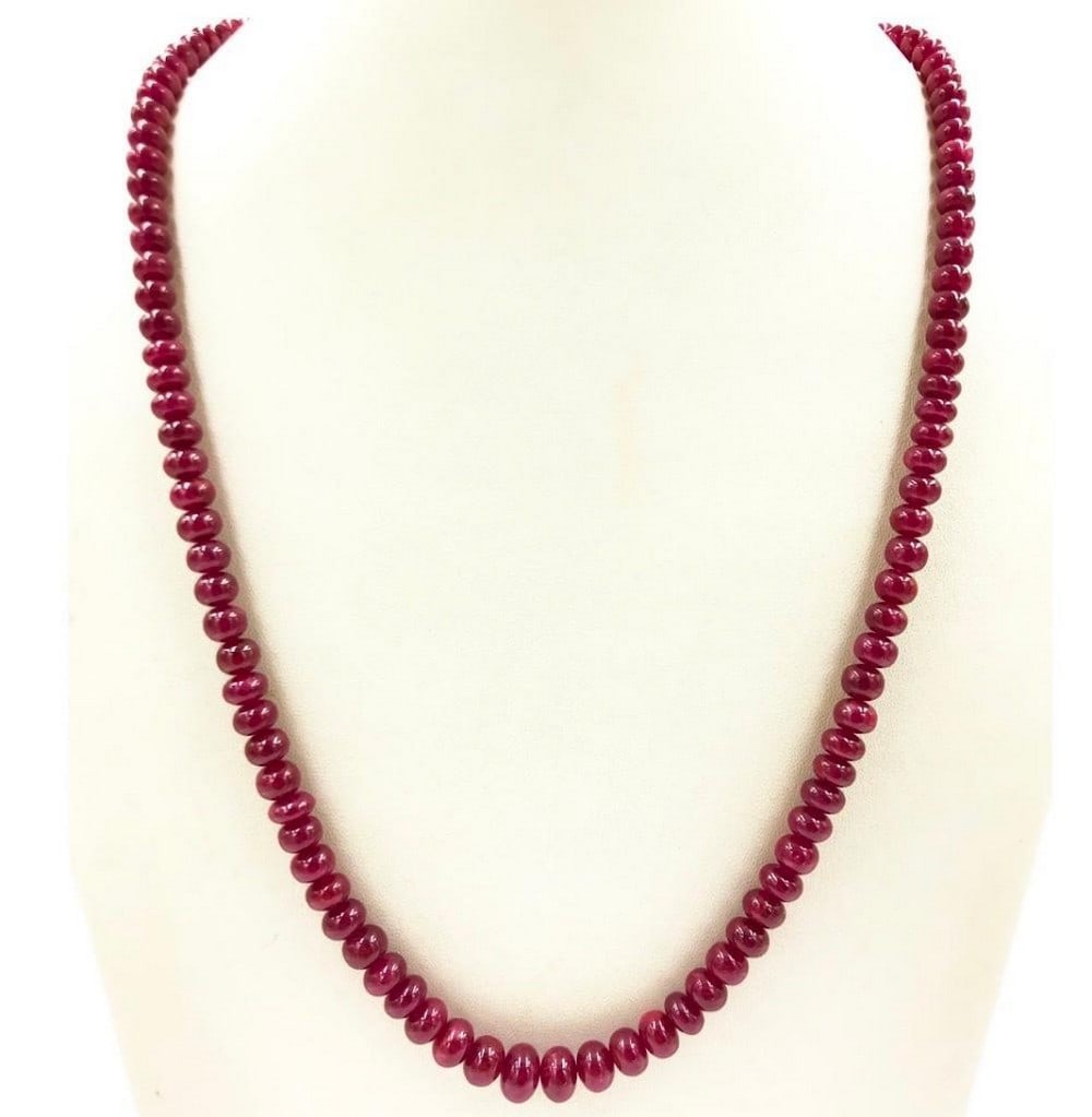 8mm Plain Ruby Beaded Necklace: 8mm Plain Ruby Beaded Necklace Ruby Diameter: Range From 6mm - 9.2 mm Necklace Length: 18.2" Weight in Carats: 238.85 View Photos For Further Details