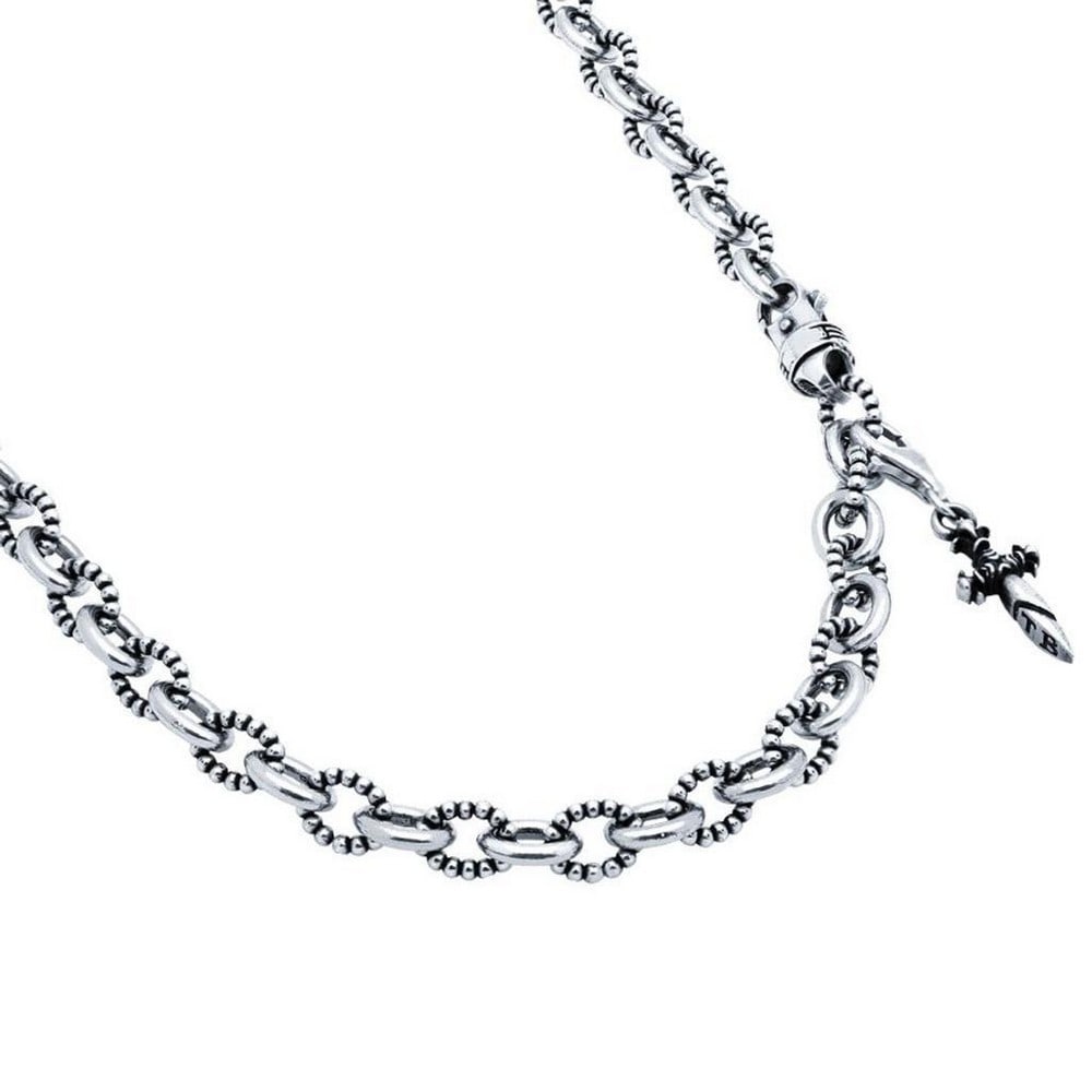 20'' Twisted Blade Silver Beaded Necklace with Hanging Dagger Pendant: 20" Twisted Blade Silver Beaded Necklace with Hanging Dagger Pendant The Twisted Blade silver beaded link necklace is crafted from .925 Sterling Silver and features a dangling dagger charm,