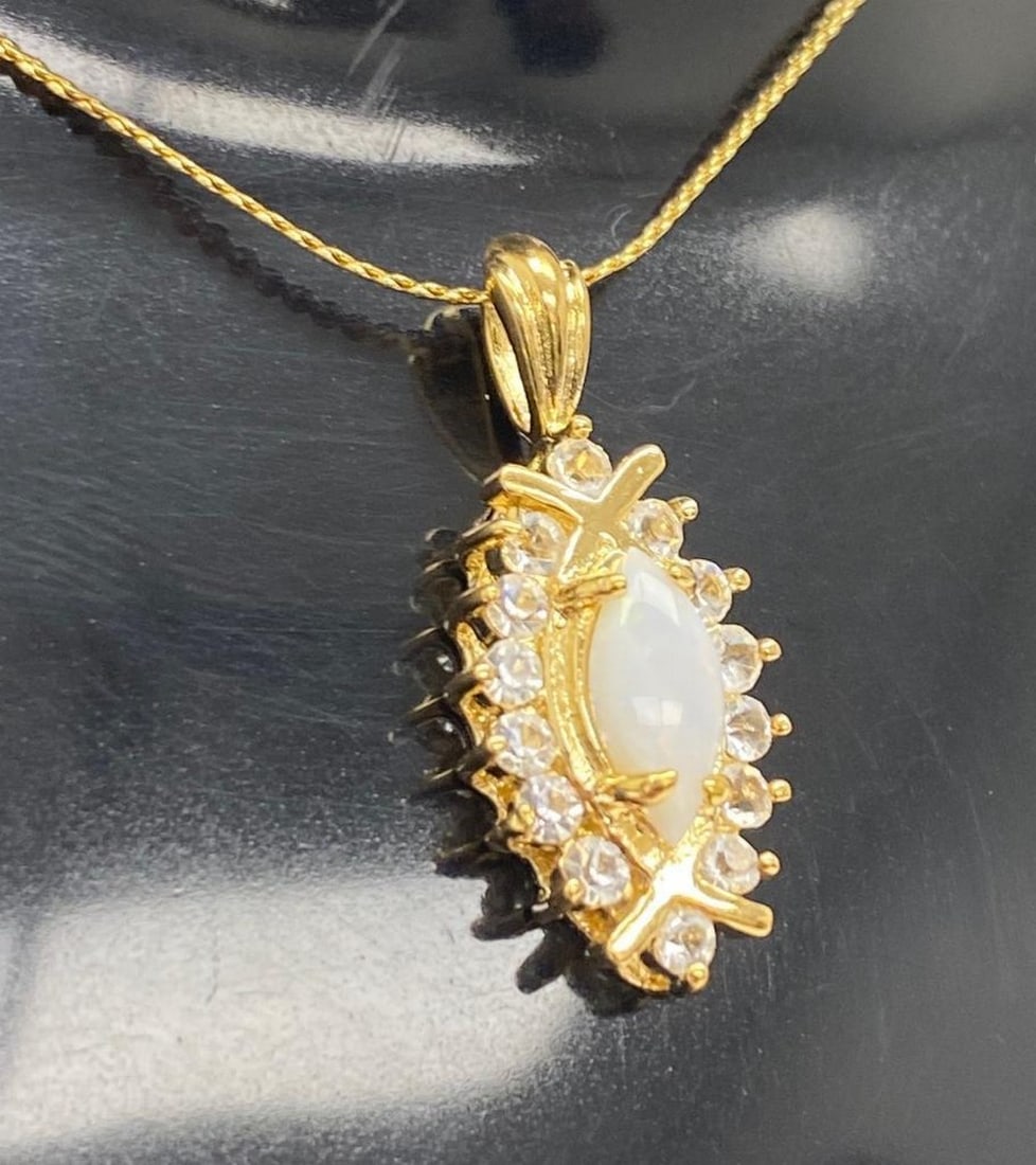 Designer Polished Opal Mainstone & Swarovski Crystals Pendant Paired With 18KT GEP S-Braid Necklace: A Designer Polished Opal Mainstone & 14 Secondary Swarovski Crystals Pendant Paired With 18KT GEP S-Braid Necklace. Necklace was handcrafted in Israel, top quality vintage craftsmanship. Please View P
