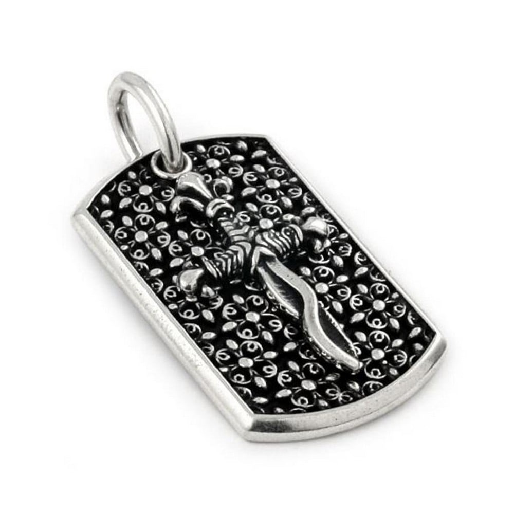 925 Sterling Silver Twisted Blade Dog Tag Pendant with Antique Floral Background & Dagger: 925 Sterling Silver Twisted Blade Dog Tag Pendant with Antique Floral Background & Dagger Explore the allure of the 925 Sterling Silver Twisted Blade Dog Tag Pendant, featuring an antique floral backg