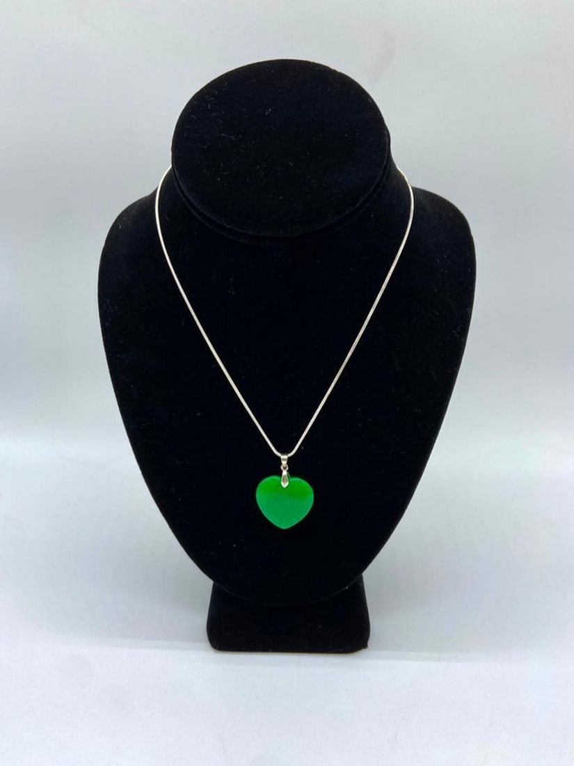 Chinese Green Jade Heart Pendant With 925 Necklace: Chinese Green Jade Heart Pendant With 925 Necklace View Photos For Further Details.