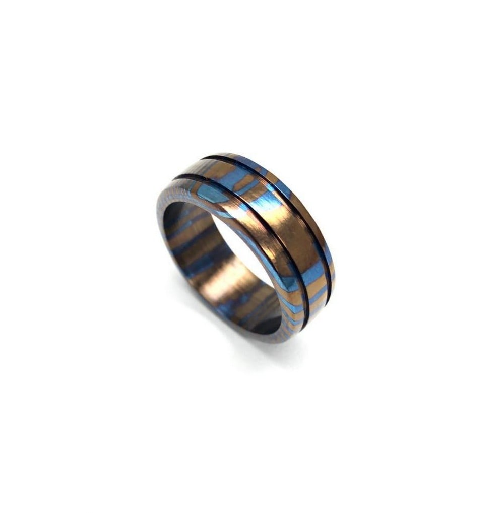 Men's Grooved Timascus Titanium Ring: Men's Grooved Timascus Titanium Ring. View Photos For More Details.