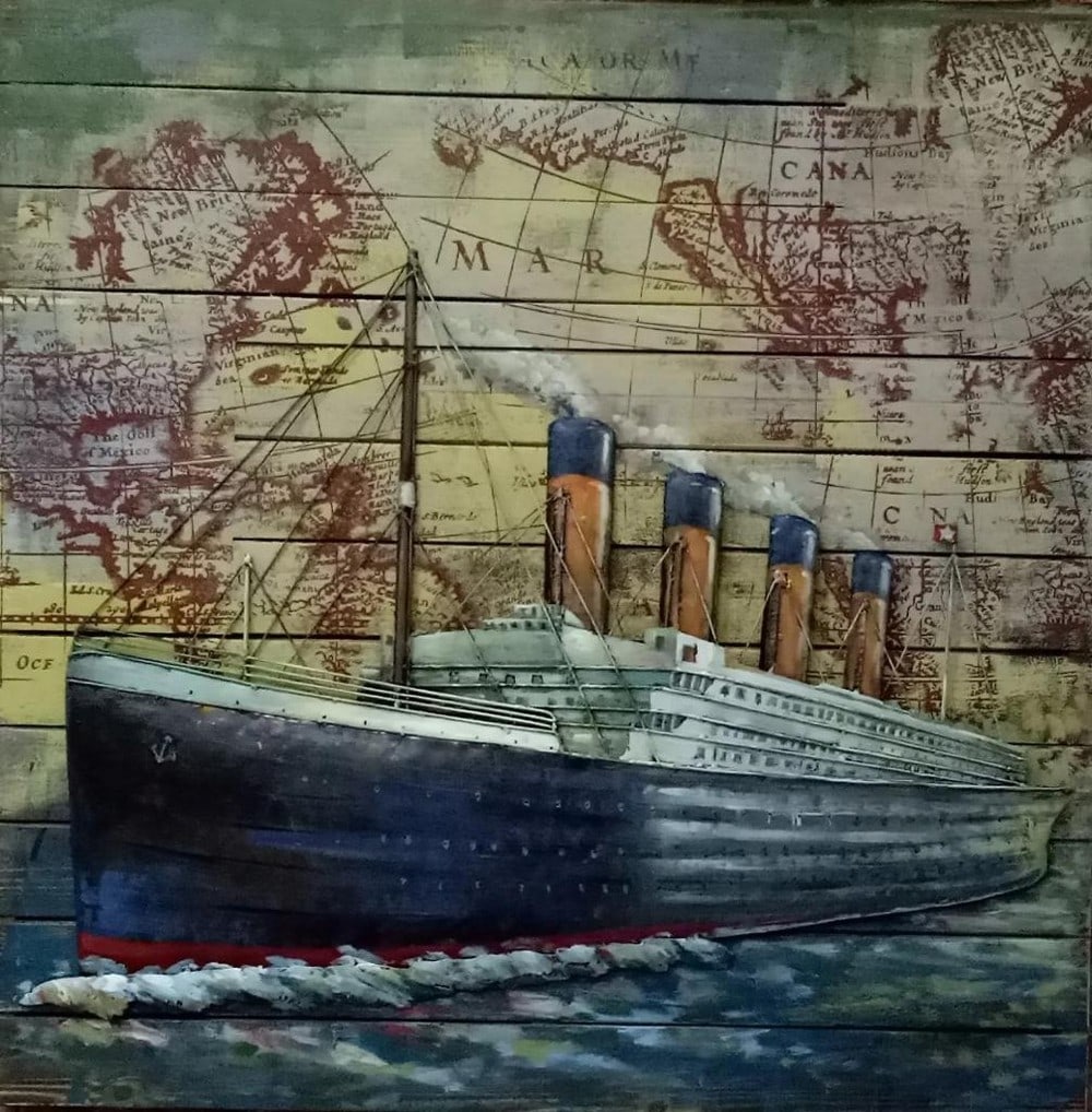 Travelling Freighter Metal Canvas Painting: Traveling Freighter Metal Canvas Painting A giant freighter traveling quickly through the waters, with the outline of a map as the background. This is a colourful piece but will fit nicely into any ro