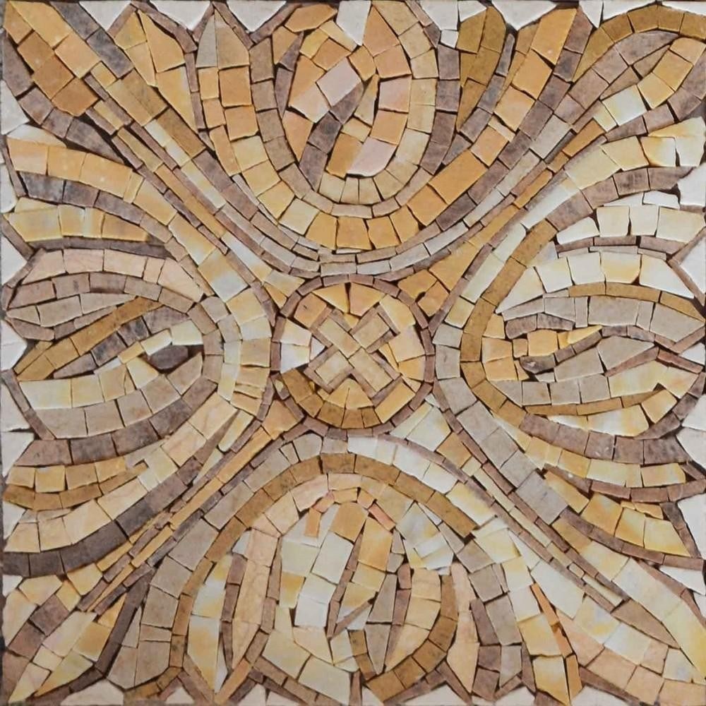 Tulip Harmony Mosaic Square: Tulip Harmony Mosaic Square A marble mosaic featuring a cross-shaped center surrounded by tulip motifs in rich gold and brown tones. Handcrafted from natural stone, this piece combines geometric