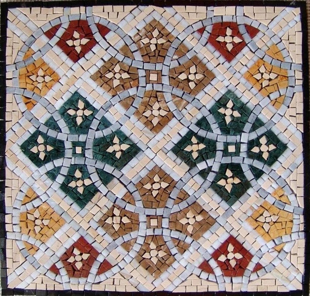 Giardino Garden Mosaic Panel: Giardino Garden Mosaic Panel A marble mosaic featuring a vibrant garden-inspired design with shades of emerald green, gold, and deep red. Handcrafted from natural stone, the piece includes intricate