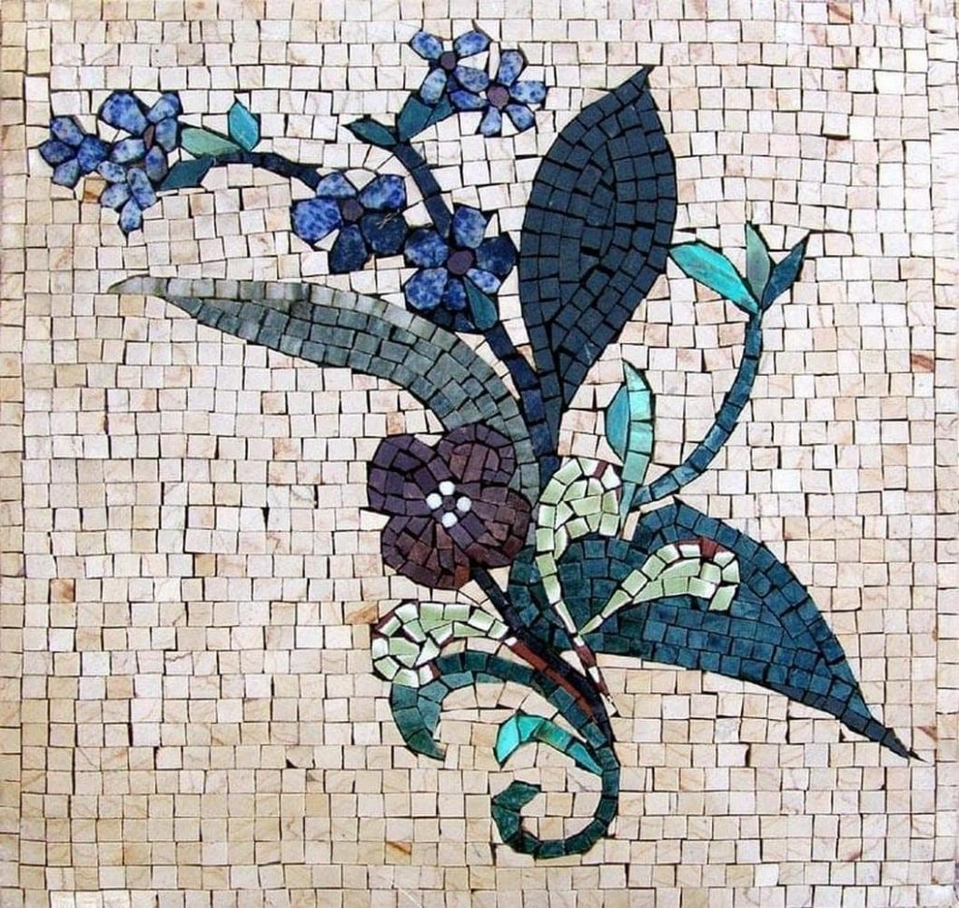 Round Violet Mosaic Wall Art: Round Violet Mosaic Wall Art A marble mosaic featuring a circular floral design in shades of violet, blue, and green. Handcrafted from natural stone, this piece emphasizes the textures and colors of