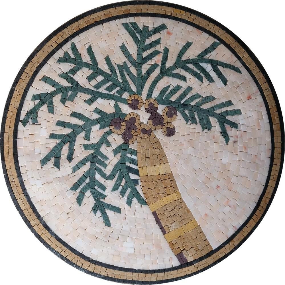Tropical Palm Tree Mosaic Wall Art: Tropical Palm Tree Mosaic Wall Art A marble mosaic featuring a detailed palm tree design in shades of green, brown, and blue. Handcrafted from natural stone, this piece highlights the textures and col