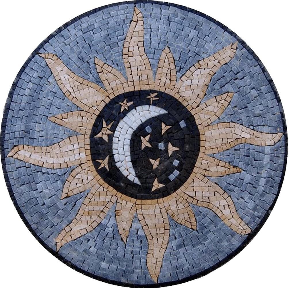 Amar - Moon & Sun Mosaic Medallion: Amar - Moon & Sun Mosaic Medallion A handcrafted mosaic made from natural stone, featuring a medallion design inspired by the moon and sun. The piece highlights detailed patterns and carefully