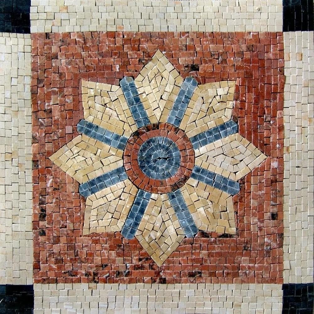 Rosette Mosaic Tile: Rosette Mosaic Tile A handcrafted mosaic made from natural stone, featuring a decorative rosette design. The piece highlights carefully arranged tiles that create a textured and visually engaging