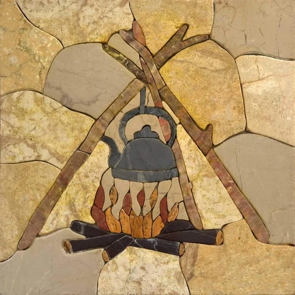 Stone Mosaic Art - Prehistoric Utensils: Stone Mosaic Art - Prehistoric Utensils A handcrafted mosaic made from natural stone, featuring a design inspired by ancient utensils. The piece showcases carefully arranged tiles that create a