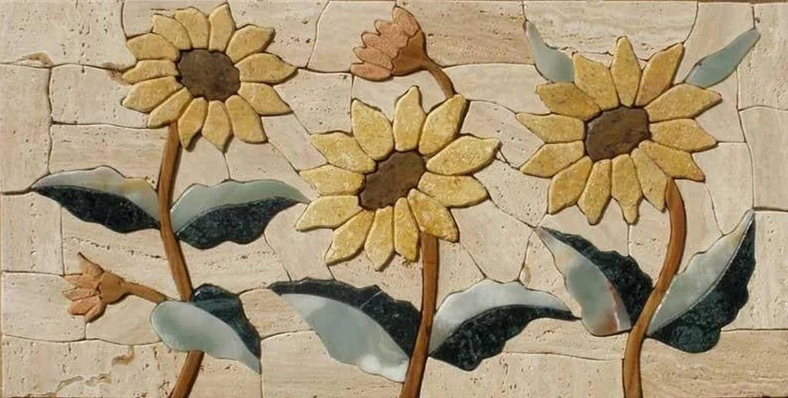 Sunflowers Mosaic Art: Sunflowers Mosaic Art A handcrafted mosaic made from natural stone, featuring a vibrant sunflower design. The piece showcases carefully arranged tiles that create a textured and visually engaging
