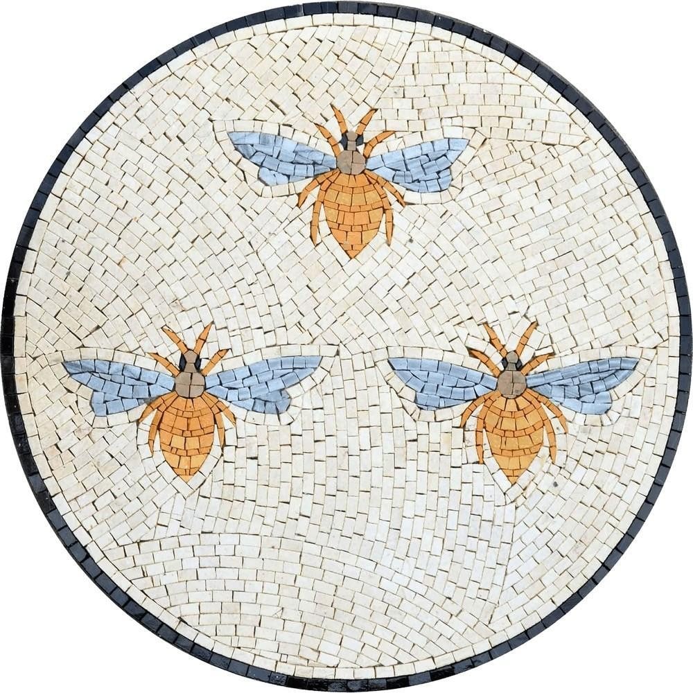 Honeybee Circle Mosaic: Honeybee Circle Mosaic A handcrafted mosaic artwork made from natural stone. The design features three detailed bees arranged within a circular medallion, with a gradient of colors highlighting the