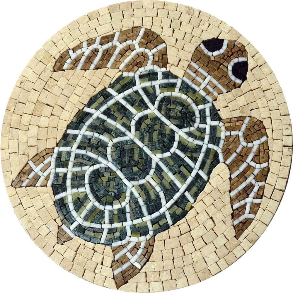 Turtle Pastel Medallion Mosaic: Turtle Pastel Medallion Mosaic A handcrafted mosaic design made from natural stone. The piece features a turtle motif created by carefully cutting and arranging individual stone tiles, resulting in a