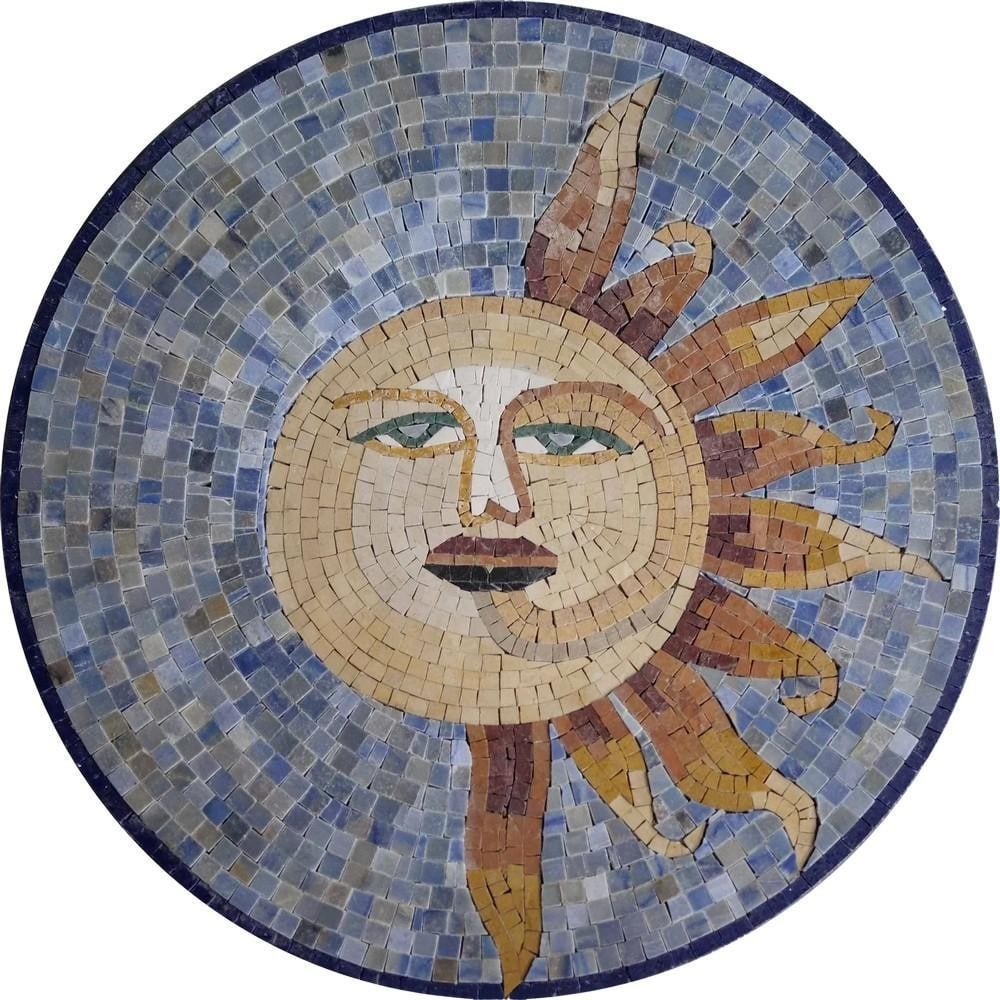 Rising Sun Mosaic Medallion: Rising Sun Mosaic Medallion A handcrafted mosaic design made from natural stone. The piece features a rising sun motif created by carefully cutting and arranging individual stone tiles, resulting in