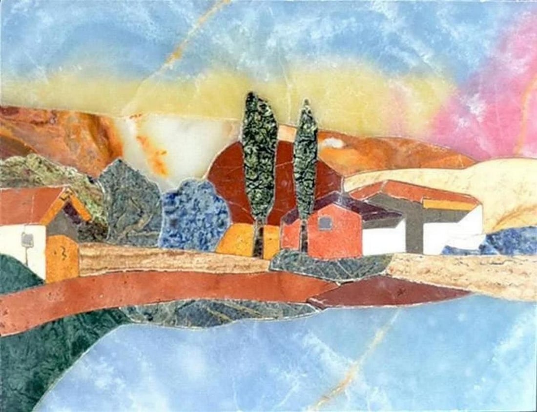 Petal Mosaic Stone Art - Radiant Village: Petal Mosaic Stone Art - Radiant Village A handcrafted mosaic design made from natural stone. The piece depicts a landscape scene with mountains, trees, a river, and sky, created by carefully cutting