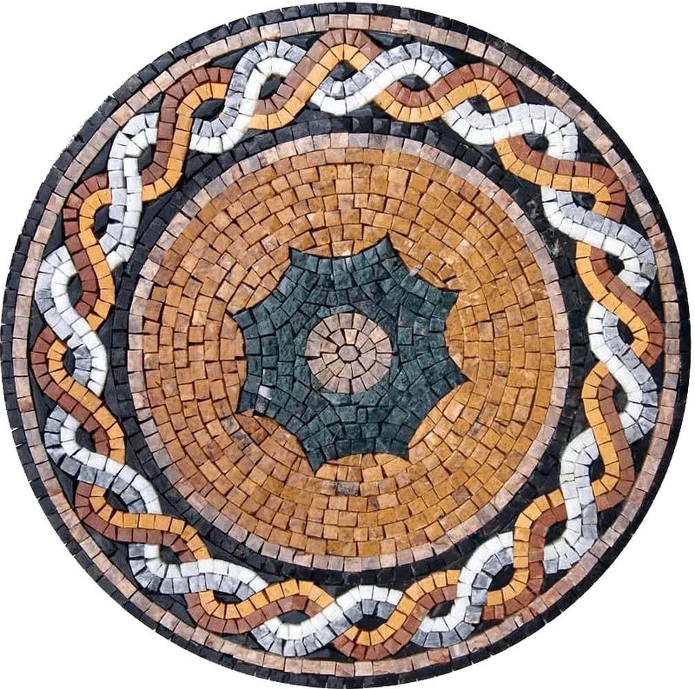Circular Stone Mosaic: Circular Stone Mosaic A handcrafted mosaic design made from natural stone. The piece features a circular pattern created by carefully cutting and arranging individual stone tiles, resulting in a