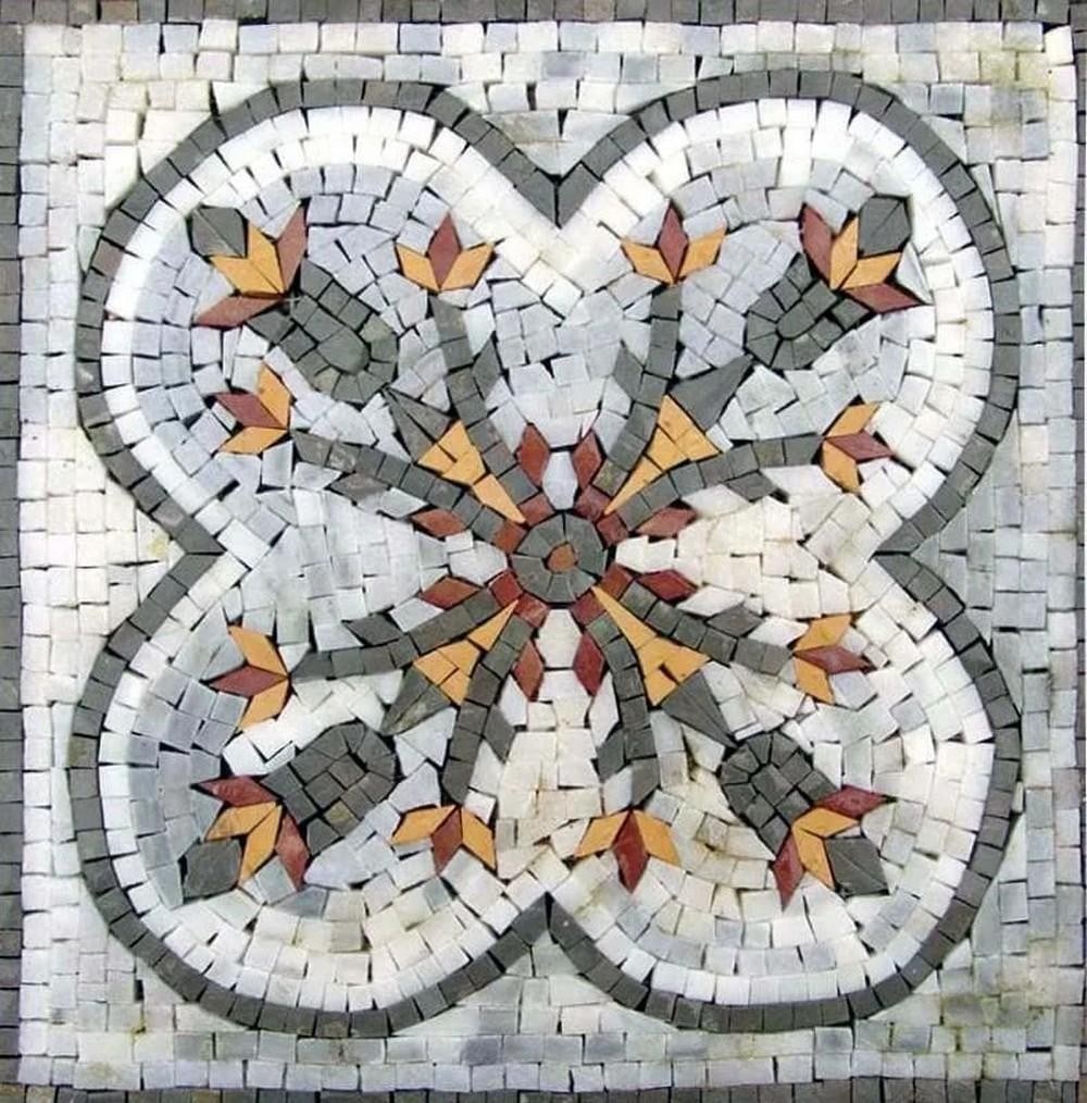 Honeysuckle Geometric Mosaic: Honeysuckle Geometric Mosaic A handcrafted mosaic design made from natural stone. The piece features a geometric pattern inspired by honeysuckle motifs, created by carefully cutting and arranging