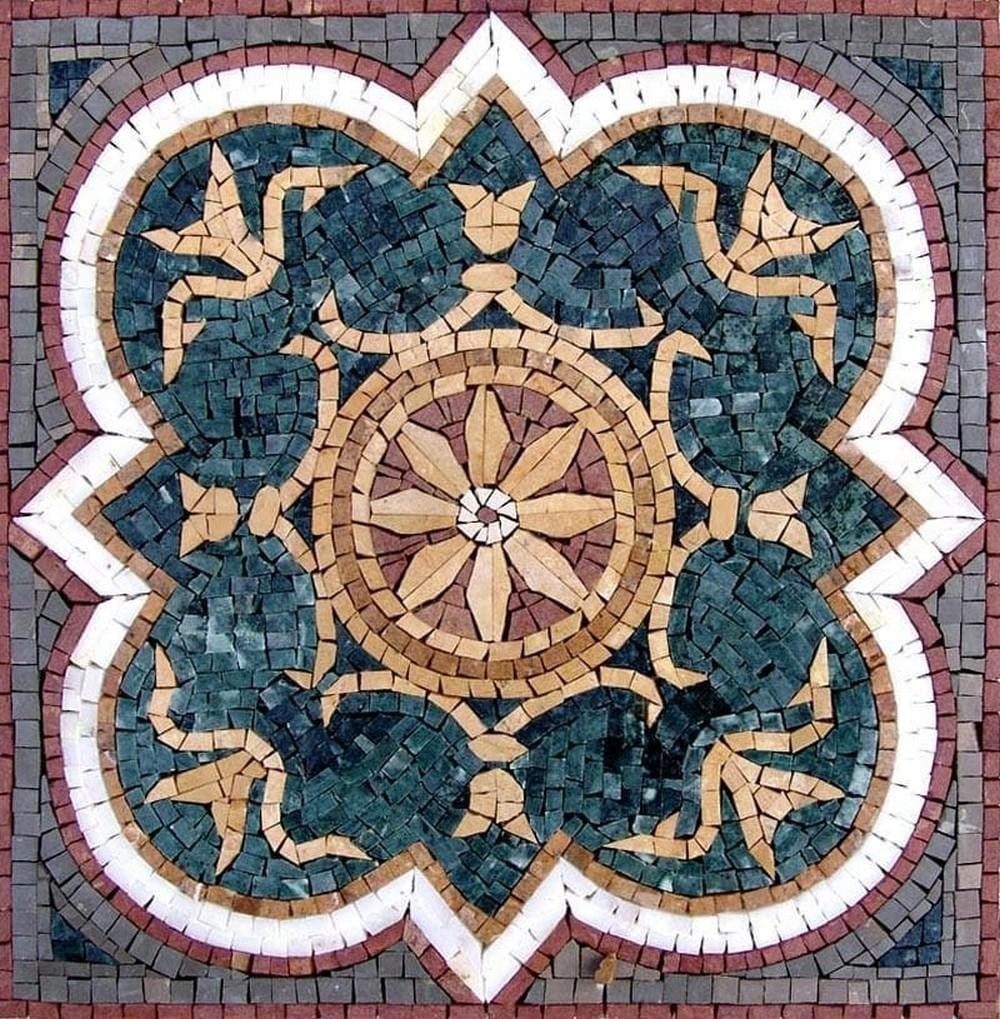 Geometric Addition Mosaic: Geometric Addition Mosaic A handcrafted mosaic made from natural stone, featuring a geometric design with a rich blue hue. Each tile is carefully cut and arranged, creating a detailed and textured