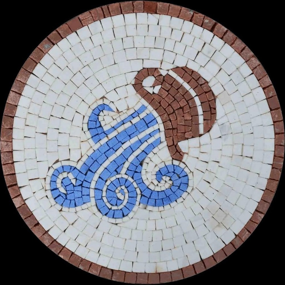Aquarius Horoscope Marble Mosaic: Aquarius Horoscope Marble Mosaic A handcrafted marble mosaic featuring the Aquarius zodiac symbol in a medallion-style design. Made from natural marble tiles, this piece showcases intricate details