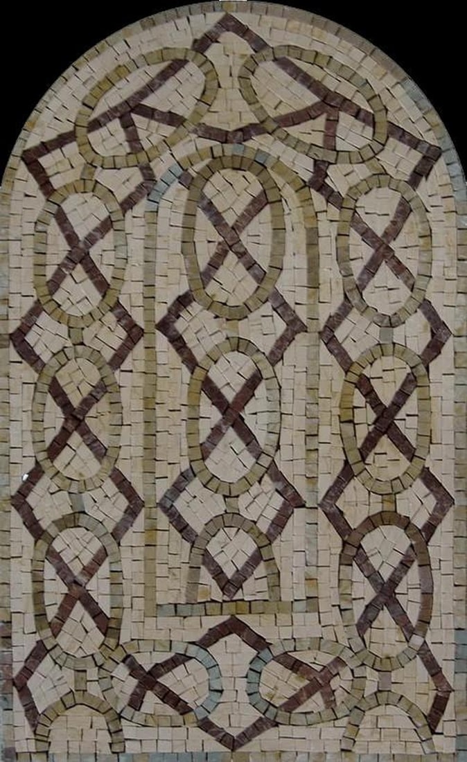 Arched Marble Mosaic: Arched Marble Mosaic A handcrafted arched marble mosaic featuring an elegant arrangement of ovals, arches, and diamond shapes. Made from natural marble tiles in warm terracotta, tan, and ivory tones, 