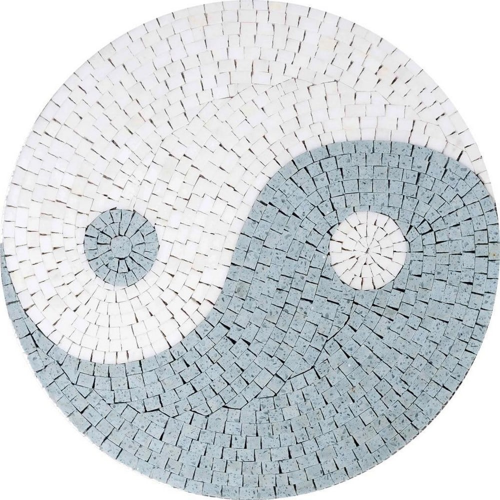 Round Yin and Yang Stone Mosaic: Round Yin and Yang Stone Mosaic A handcrafted round mosaic made from natural stone. The piece features the iconic Yin and Yang symbol, created with contrasting light and dark stone tiles to represent