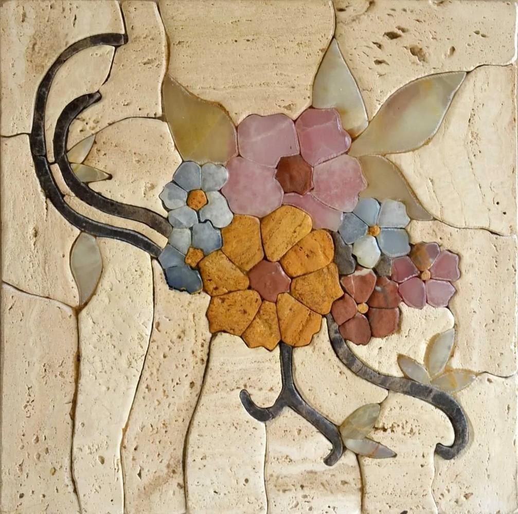 Colorful Bouquet Mosaic Wall Art: Colorful Bouquet Mosaic Wall Art A handcrafted mosaic made from natural stone, featuring a vibrant bouquet design. The piece showcases carefully arranged tiles that create a textured and visually