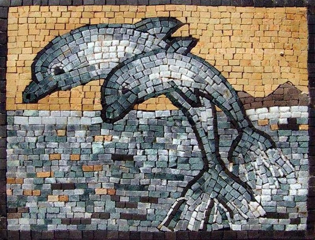 Two Playful Dolphins Mosaic Art Piece: Two Playful Dolphins Mosaic Art Piece A handcrafted mosaic design made from natural stone. The piece features two charming dolphins captured in joyful motion, surrounded by shimmering blue waters.