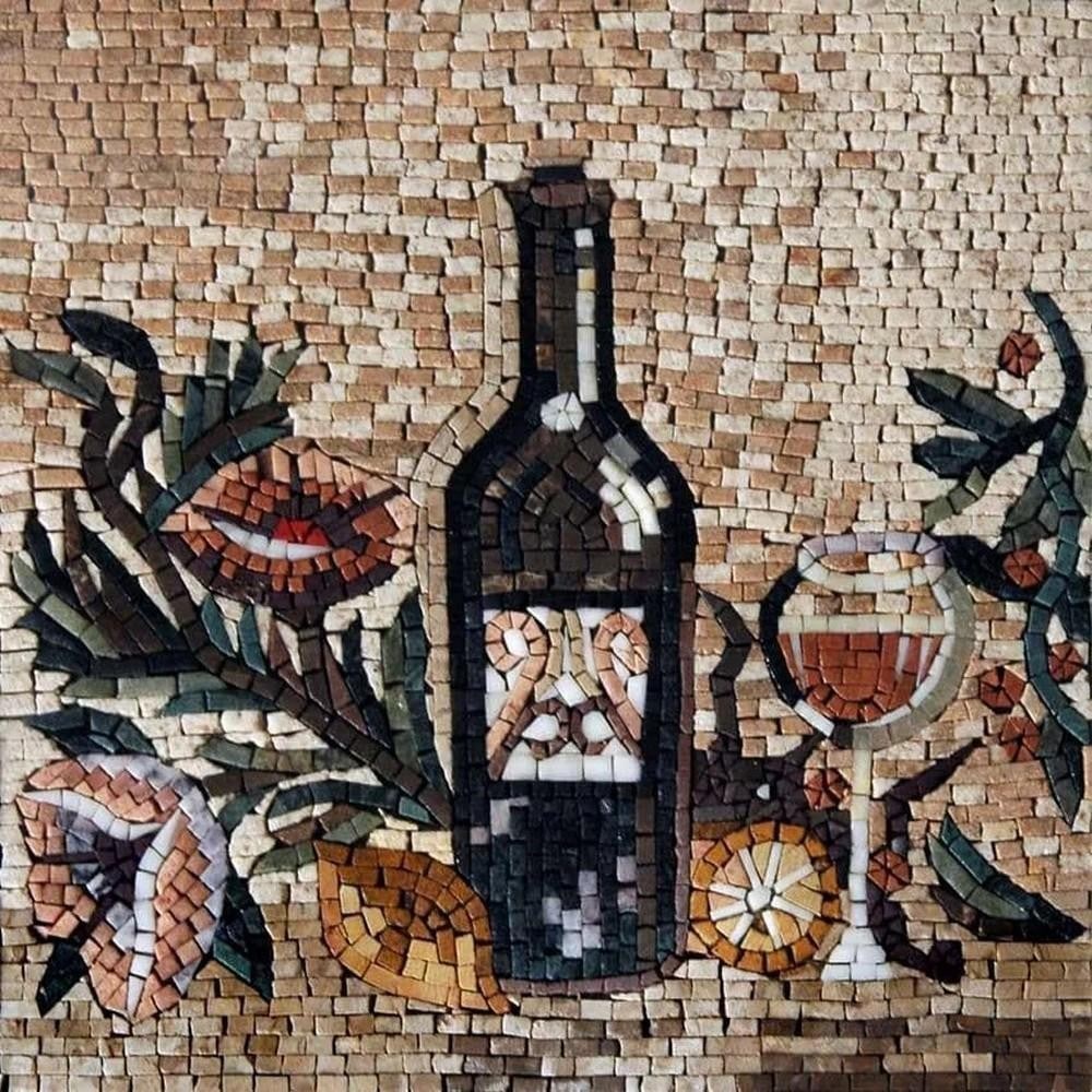 Vino Astratto Marble Mosaic Panel: Vino Astratto Marble Mosaic Panel A handcrafted square mosaic made from natural marble stones. This design depicts a still life arrangement of a wine bottle, glass, and fruit, mounted on a mesh