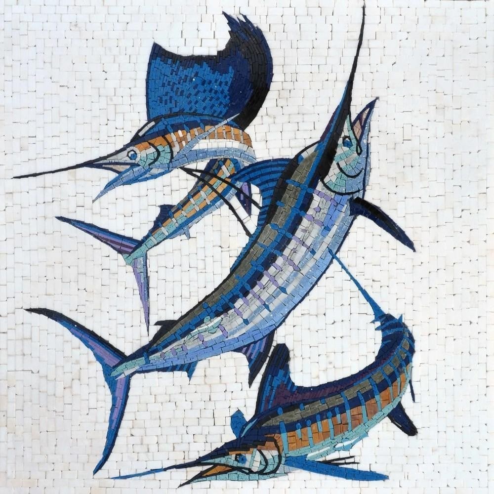 Ocean Majesty Swordfish Marble Mosaic Panel: Ocean Majesty Swordfish Marble Mosaic Panel A handcrafted square mosaic made from natural marble stones. This design showcases a detailed swordfish motif, mounted on a mesh backing for easy handling. 