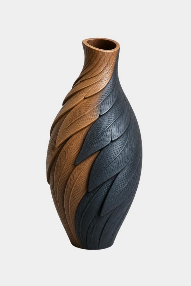 Eclipse Leaf' - Sculptural Handcrafted Wooden Vase: 'Eclipse Leaf' - Sculptural Handcrafted Wooden Vase Inspired by the graceful layering of windswept leaves, this handcrafted wooden vase features a flowing sculptural silhouette with contrasting natura