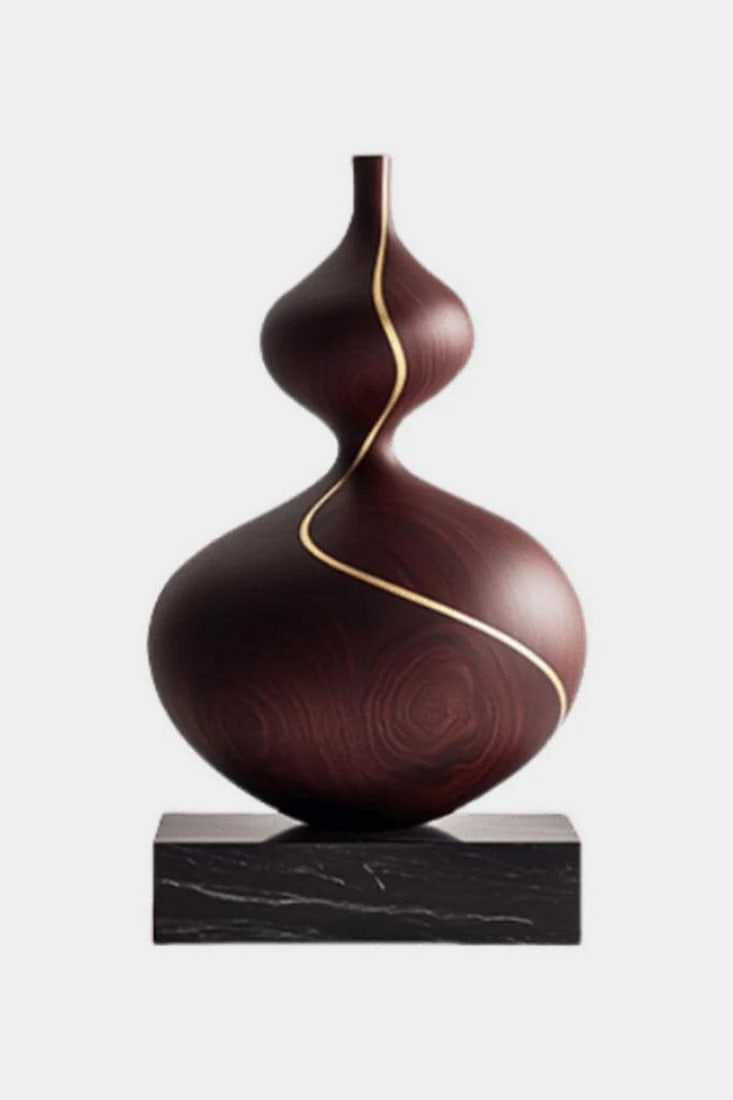 Lumen Curve' - Contemporary Wooden Vase: 'Lumen Curve' - Contemporary Wooden Vase A refined interplay of form and light, this sculptural vase features a double-gourd silhouette with a slender neck and grounded base. The dark wood grain glows