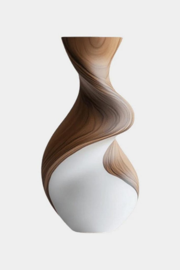 Helix Bloom' - Contemporary Wooden Vase: 'Helix Bloom' - Contemporary Wooden Vase A study in contrast and motion, this sculptural vase features a twisted hourglass silhouette that feels both architectural and organic. One side reveals a smoo