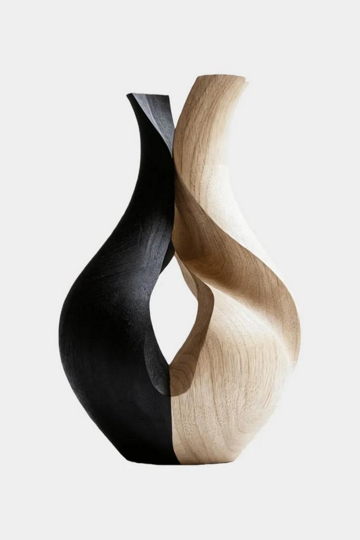 Dual Twist Form' - Contemporary Wooden Vase: 'Dual Twist Form' - Contemporary Wooden Vase A carved wooden vase featuring a twisted, open center design with two flowing sides that curve upward. One side has a dark finish while the other displays 