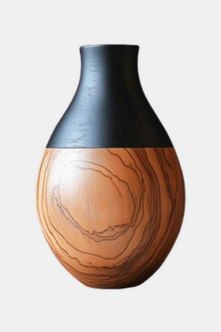 Shadowroot' - Contemporary Wooden Vase: 'Shadowroot' - Contemporary Wooden Vase A bold interplay of texture and tone, this handcrafted vase merges sleek minimalism with organic warmth. The matte black upper form offers a smooth, modern silh