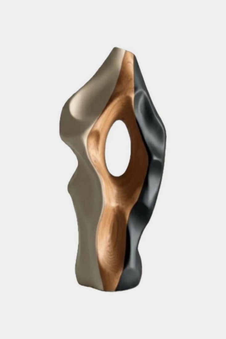 Tri-Form Aperture' - Contemporary Wooden Vase: 'Tri-Form Aperture' - Contemporary Wooden Vase A bold sculptural statement defined by contrast and negative space, this vase features an elongated silhouette carved with a central oval opening that dr
