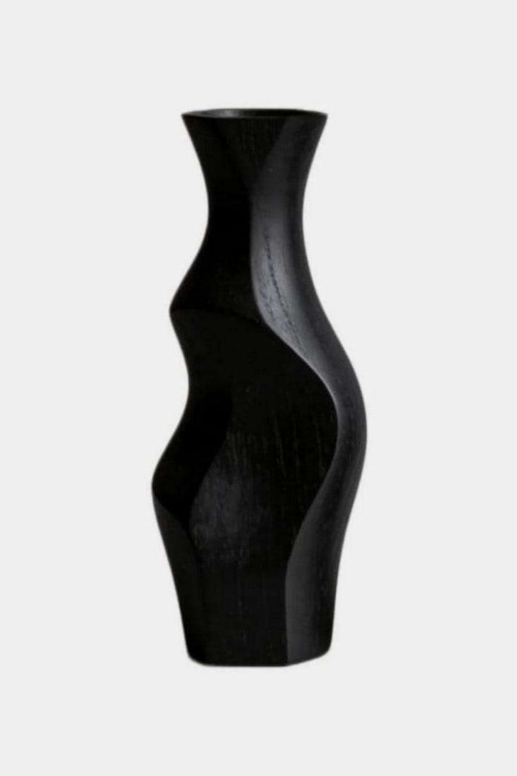 Midnight Spiral Form' - Contemporary Wooden Vase: 'Midnight Spiral Form' - Contemporary Wooden Vase An expressive sculptural form defined by flowing curves and a dramatic twisted silhouette, this vase features a deep black finish that highlights the 